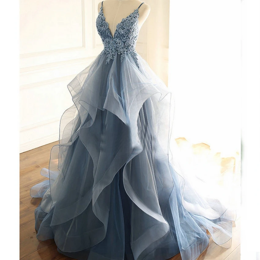 

Vestidos de Fiesta 2021, синие вечерние платья трапециевидной формы, Формальное длинное платье на тонких бретельках, кружевное платье для выпускного ...