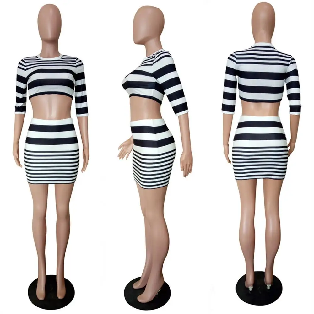 2020 новый дизайн Женский комплект с юбкой круглый вырез полосатый принт короткий