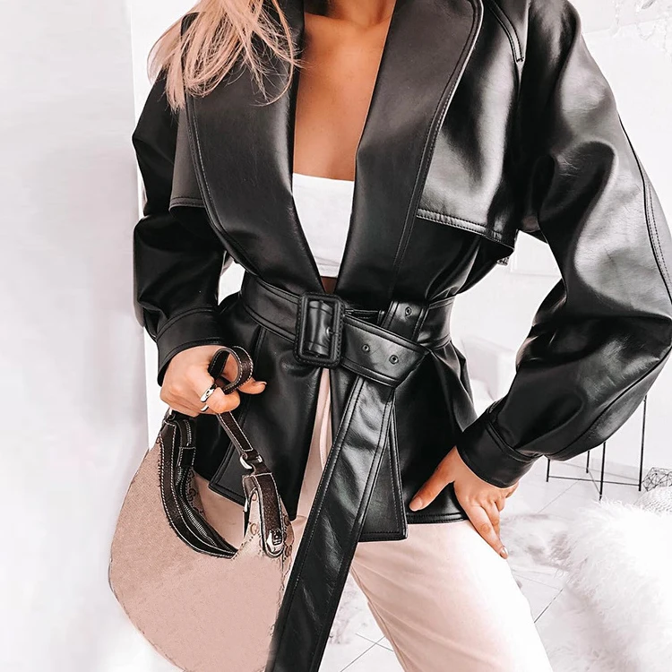 

2020 Spring Jacket Cool Pu Leather Black With Belt Turn Down Collar Open Stitch Women Coat Chaqueta Mujer