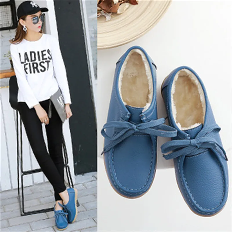 Winter Genuine Leather Thick Plush Warm Women Shoes Lace-Up Platform Moccasin Comfortable White Soft sole Non-slip Nurse | Обувь
