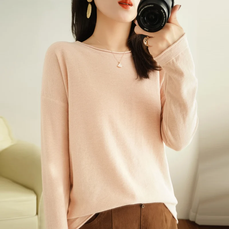 

Knitted bottoming shirt autumn 2021 new women's round neck curled solid color long-sleeved pullover sweaters