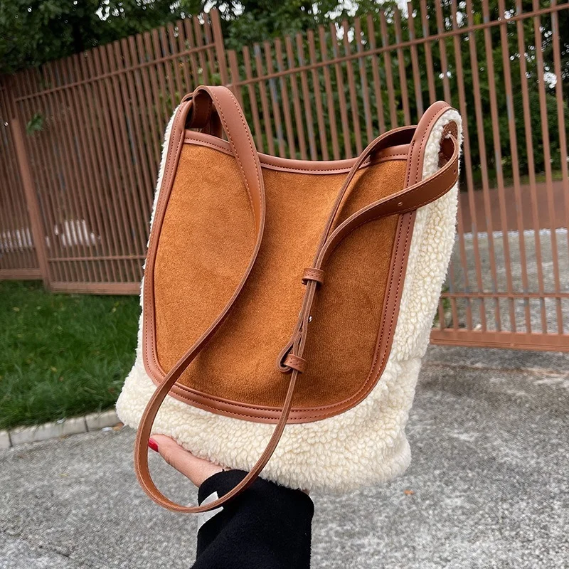 

Lambswool Suede Leather Splice Women Shoulder Bag Large Capacity Buckets Crossbody Bags For Women Soft Plush Pu Woman Handbags