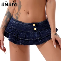 women blue shorts skirts double layered ruffled mini jeans skirt low waist button pleated denim skirt for night club sexy party