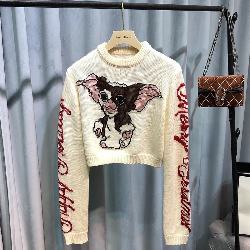 

2021 зимний модный короткий вязаный свитер с надписью и мультяшным принтом, небольшой высокий и тонкий