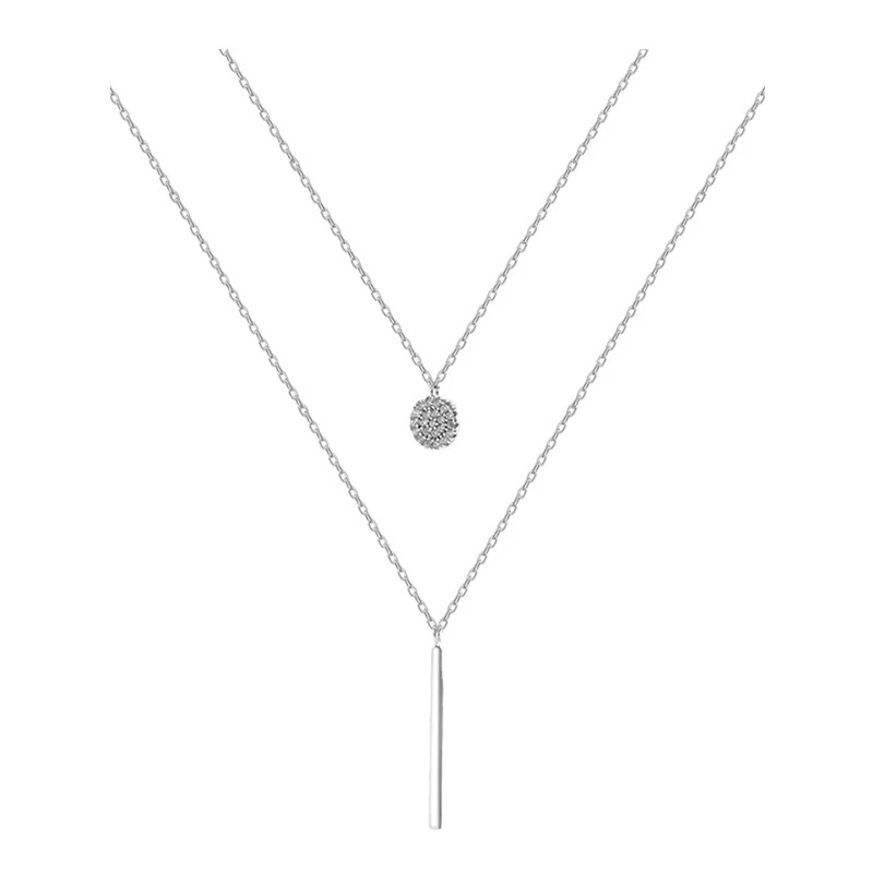 

Trendy Women 925 Sterling Silver Double layer Necklace Round Shiny Diamond Long Pendant Necklaces Fine Jewelry Accessories