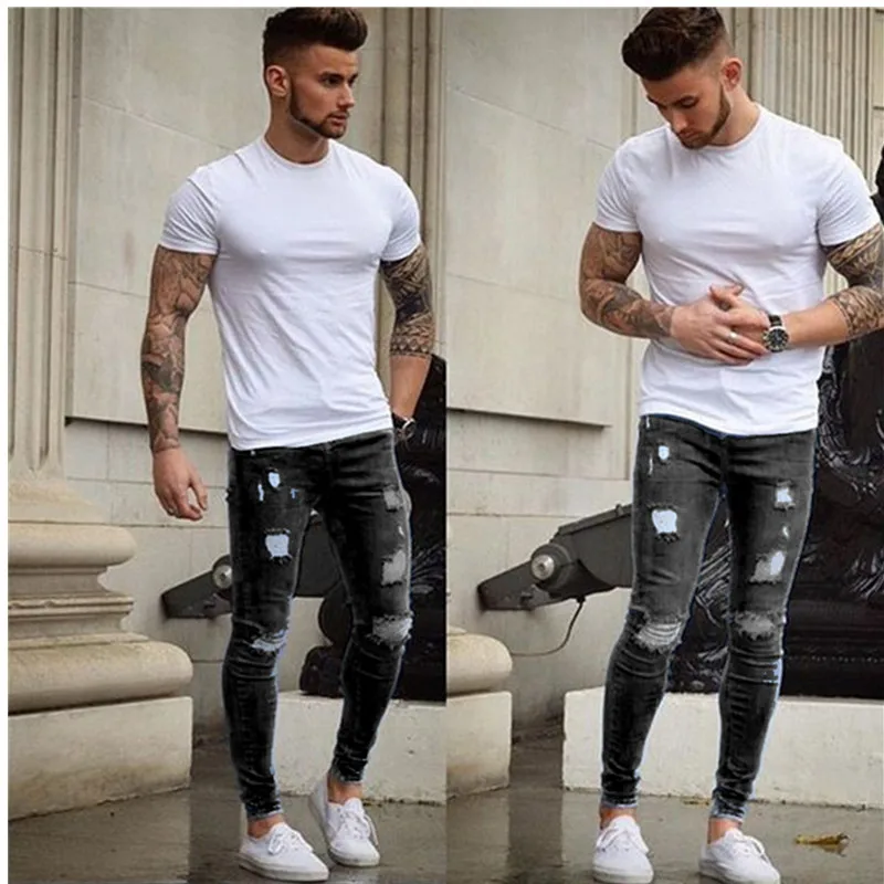 2019 Menswear Solid color Nostalgic Denim Ripped Jeans Slim Stitching Casual Pencil | Мужская одежда
