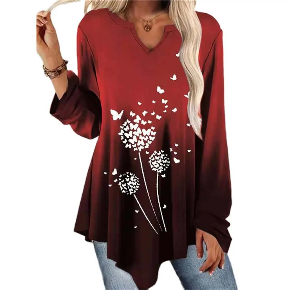 

Fashion New Gradient Color Printing Ruffled Hem Long-Sleeve T-Shirt Women Autumn Casual Loose Splice V-Neck Pullover Tops 2021