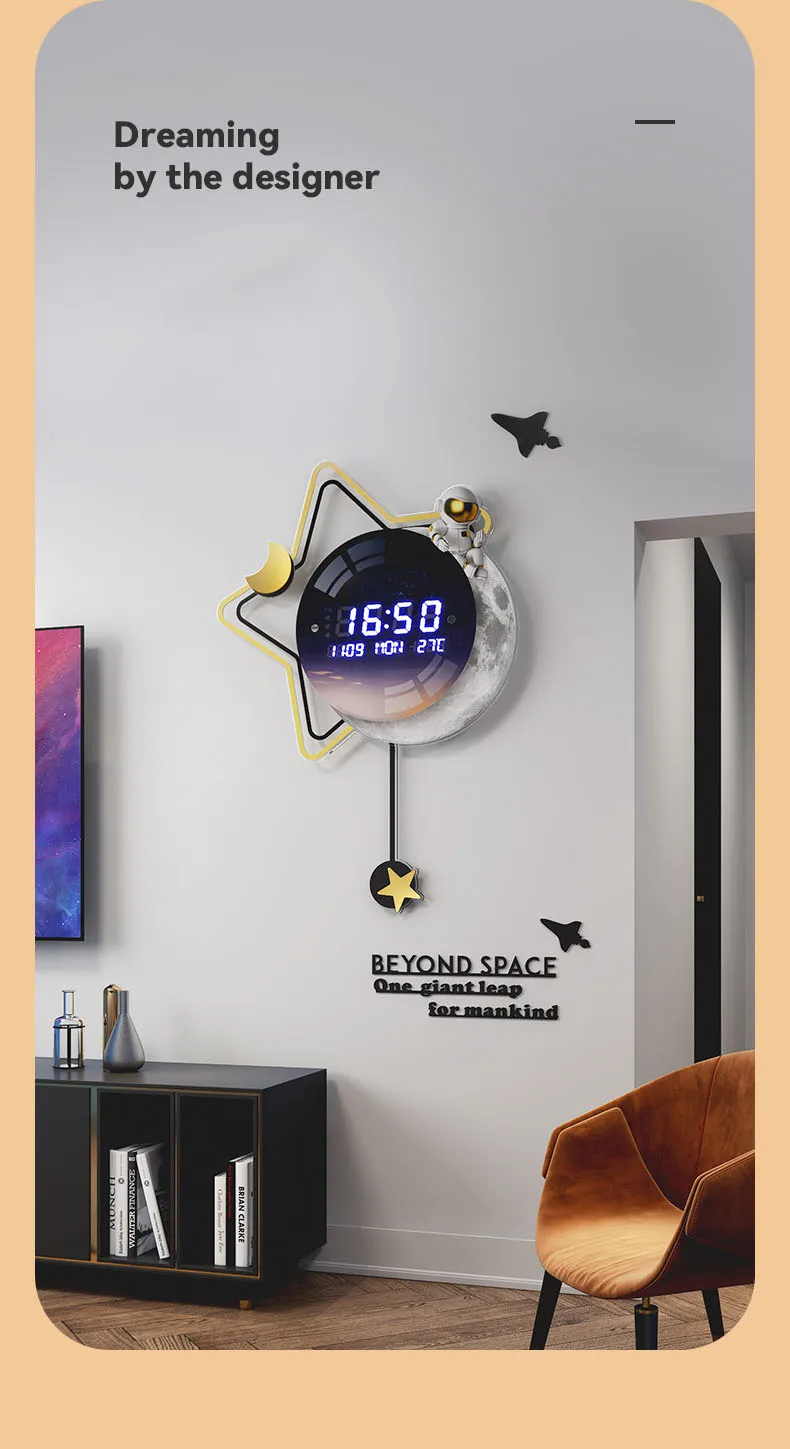 3d Acrylic Mirror Wall Sticker Clock Astronaut Led Digital Wall Clock with Date and Temperature Modern Home Decor Relog De Pared images - 6