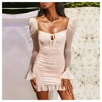 bodycon dress with mesh folds square collar hollow long sleeves pleated pink black blue mini dress club party summer for women