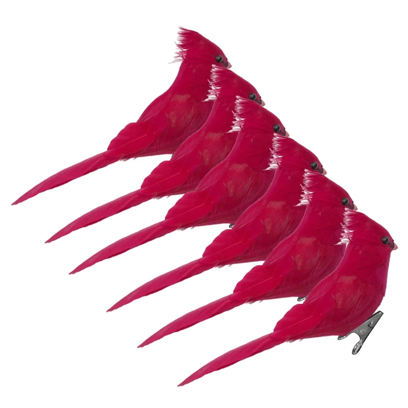 

6pcs/set Christmas Party Ornaments Simulation Red Feather Bird Decoration Props