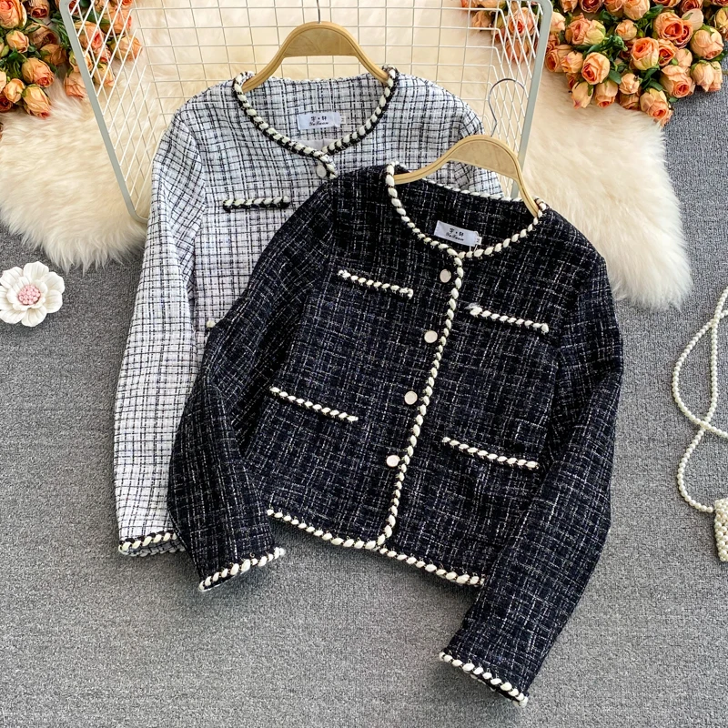 

Женское твидовое короткое пальто, повседневный легкий пиджак из твида, осень 2021