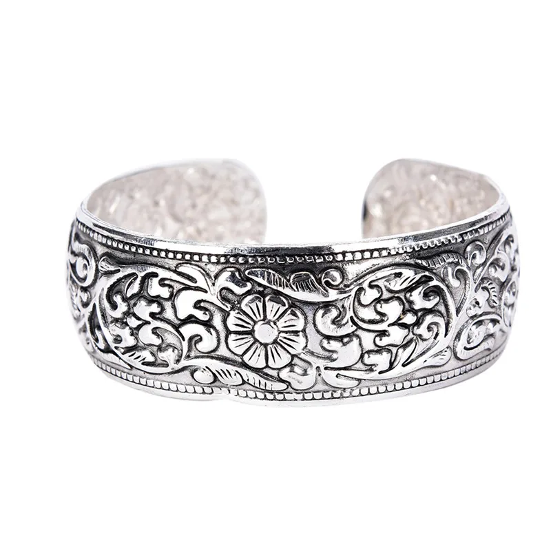 1Pcs Vintage Gypsy Elephant Bracelets Wide Lucky Flower Printing Tibet Silver Plated Totem Cuff Bangles For Women Christmas Gift | Украшения