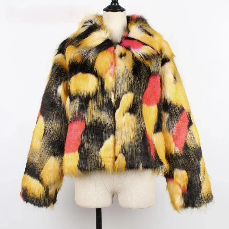 

2021 Winter Furry Fox Fur Contrast Coat Popular Fur Coat Women's Fashion Regular Coat Wide-waisted Turndown Collar Open Stitch