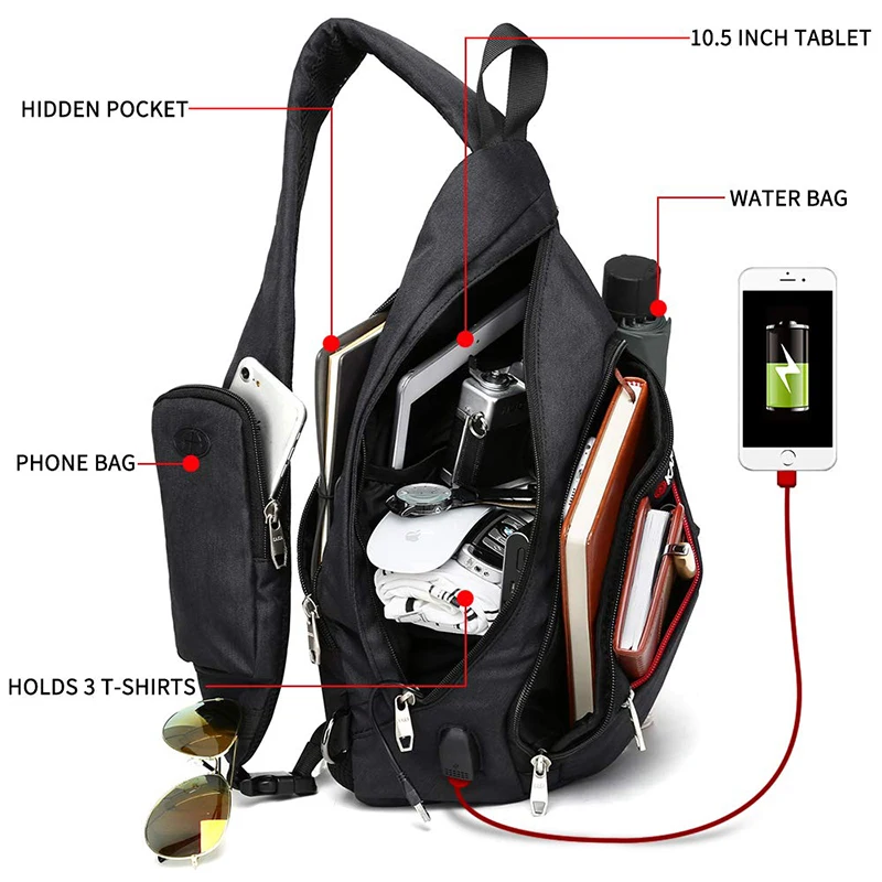 

Male Women Shoulder Bags USB Charge Crossbody Bag Anti theft Chest Bag large capacity 10.5" Ipad mobile phone Short Trip bag