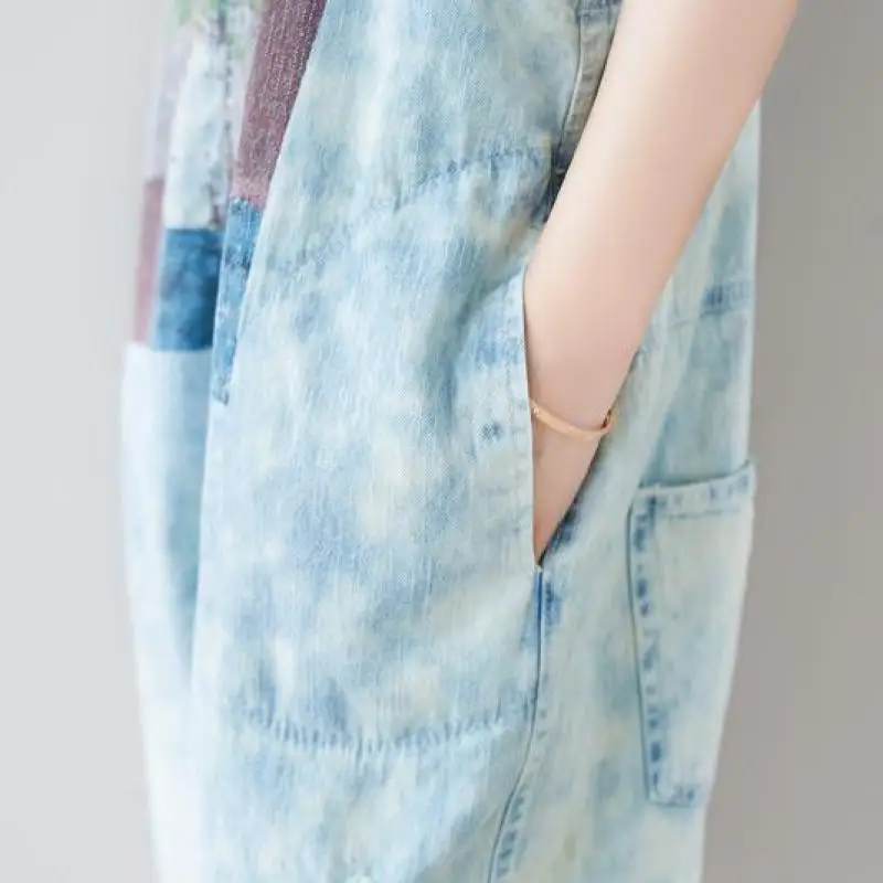 Johnature Retro Patchwork Print Pockets Calf-length Jumpsuits 2021 Summer New Loose Leisure All-match Women Jeans |