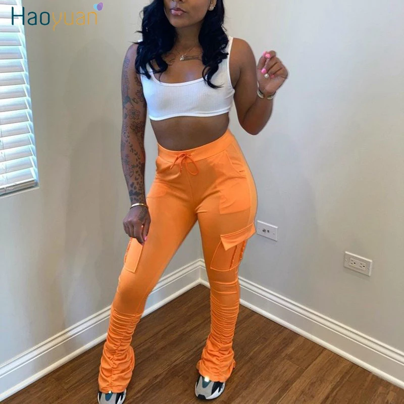 

Женские брюки-карго HAOYUAN, эластичные леггинсы с высокой талией, расклешенные брюки-карго с рюшами, осень 2020