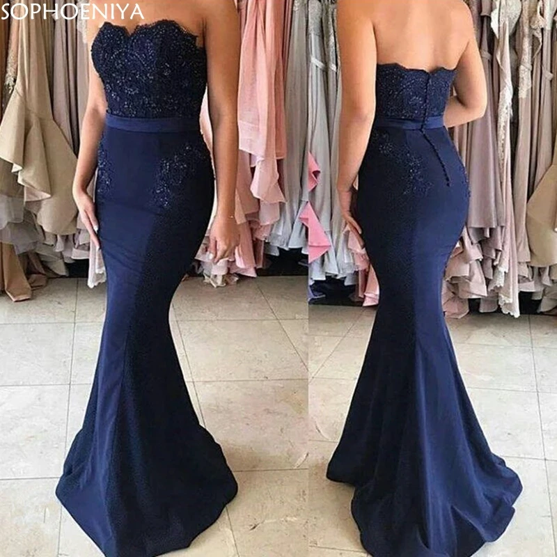 

New Arrival Sweetheart Lace Beaded Bridesmaid Dresses Mermaid Long Navy Blue Wedding Party Dresses Vestido de Fiesta de Boda