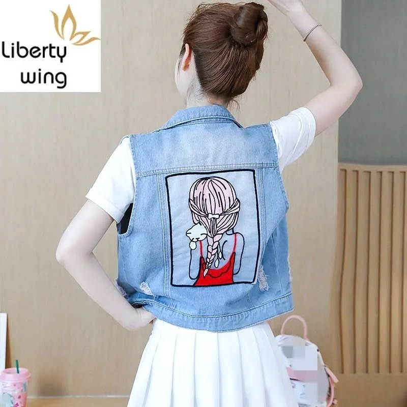 Harajuka/Новые Брендовые женские джинсовые жилеты без рукавов рваные милые