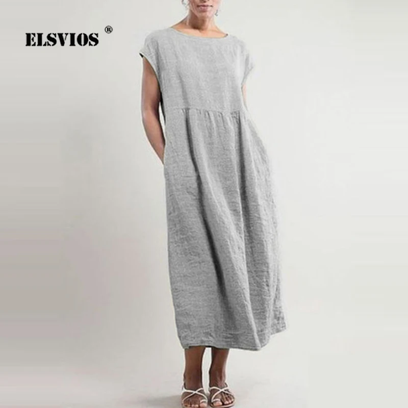 

Casual Solid Color O Neck Cotton Linen Pocket Fashion Women Dress Summer Sleeveless Loose Retro Elegant Slim Lady Party Dresses