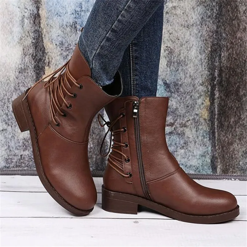 

2021 new winter knight boots women's boots retro motorcycle boots lace-up women's shoes large size casual low heel women shoes