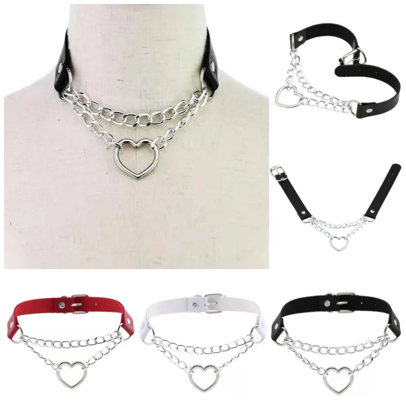 

1pc Sexy Harajuku PU Leather Chain Pendant Necklace Women Men Punk Gothic Black Choker Statement Necklace New Jewelry Bondage