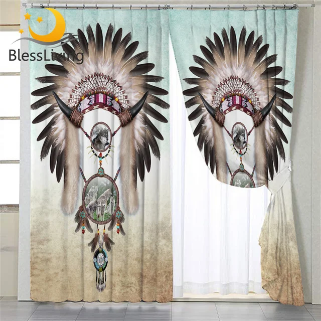BlessLiving Wolf Feather Blackout Curtains Animal Curtains for Bedroom Tribal Living Room Curtain Dreamcatcher Window Drapes 1PC 1