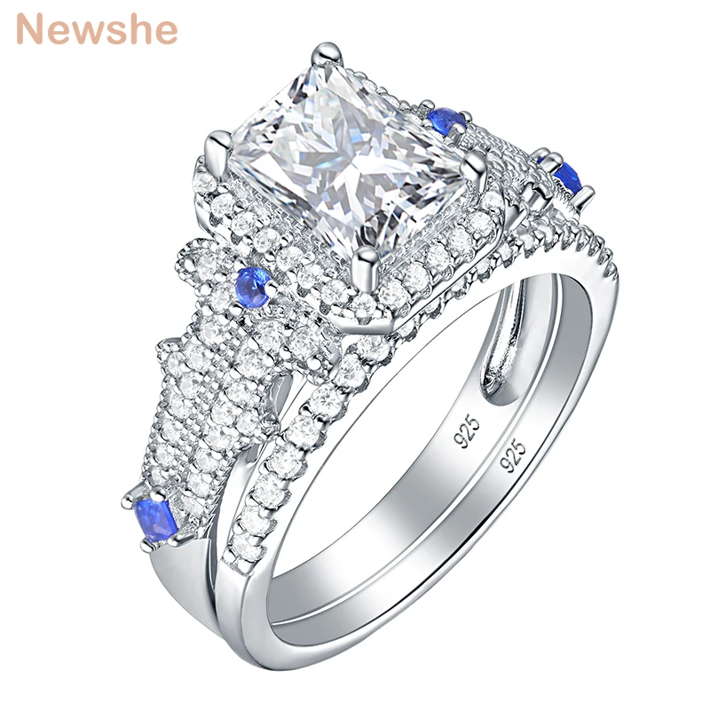 Newshe Classic Bridal Set Wedding Engagement Rings For Women 925 Sterling silver Princess Cut White Blue AAA Cubic Zirconia