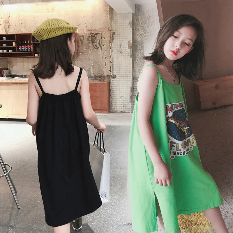 Vintage Kids Girls Dresses One piece Strap Dress Summer Printed Side Slit Braces 5 6 7 8 9 10 11 12 13 Years Clothes | Детская одежда и