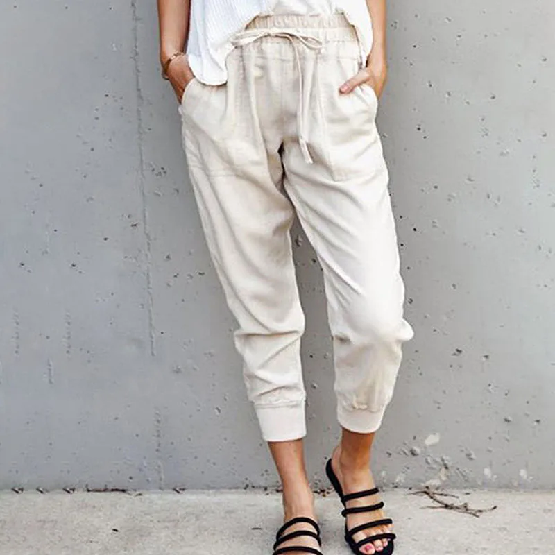 

Solid Color Simple Lace-up Casual Pants Women Cotton Linen Pockets Slim Nine-point Pants 2021 Spring Autumn New Trousers Y