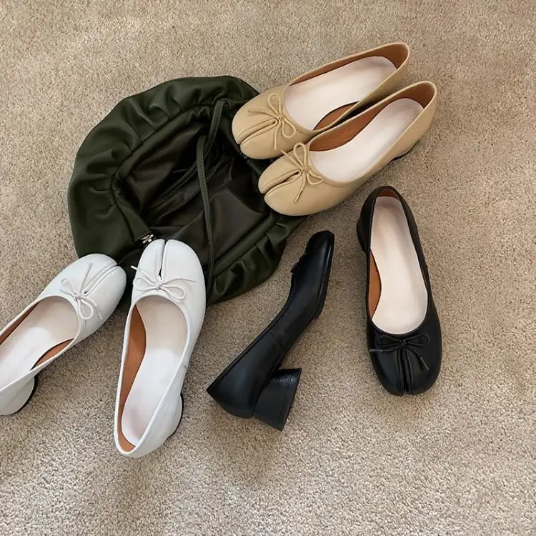 

Women's Fashion Leather Pumps Bowtie Split Toe Mid Heel Ballet Court Shoes K3