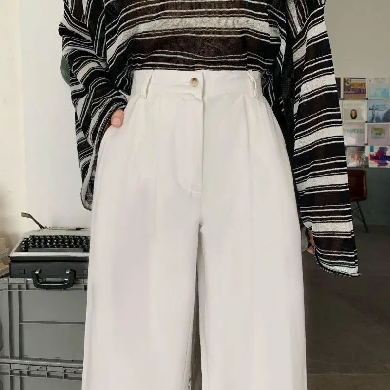 Широкие повседневные брюки женские с высокой талией простые однотонные белые
