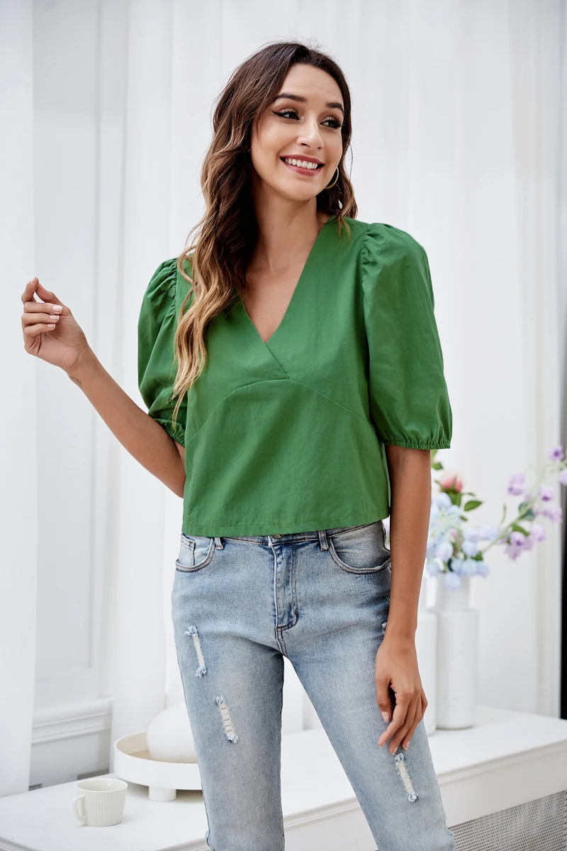 

Женский модный Повседневный однотонный пуловер с коротким рукавом и V-образным вырезом, свободные футболки