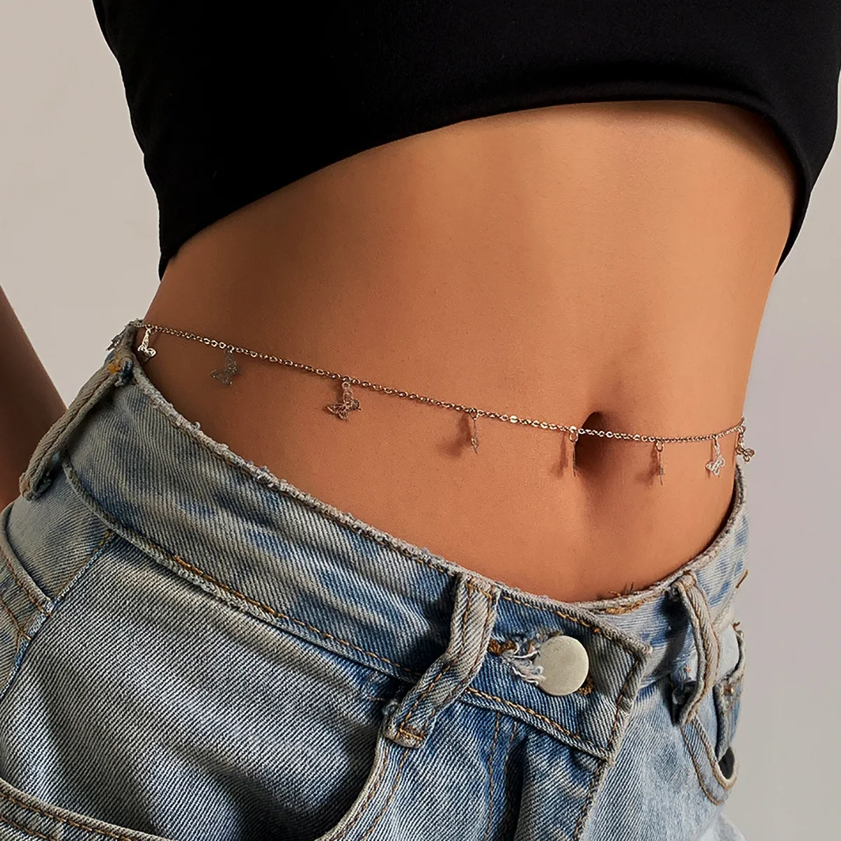 

Simple Gold Silver Color Single Layer Body Belly Chain Geometric Hollow Metal Butterfly Sexy Waist Chain For Women Party Jewelry
