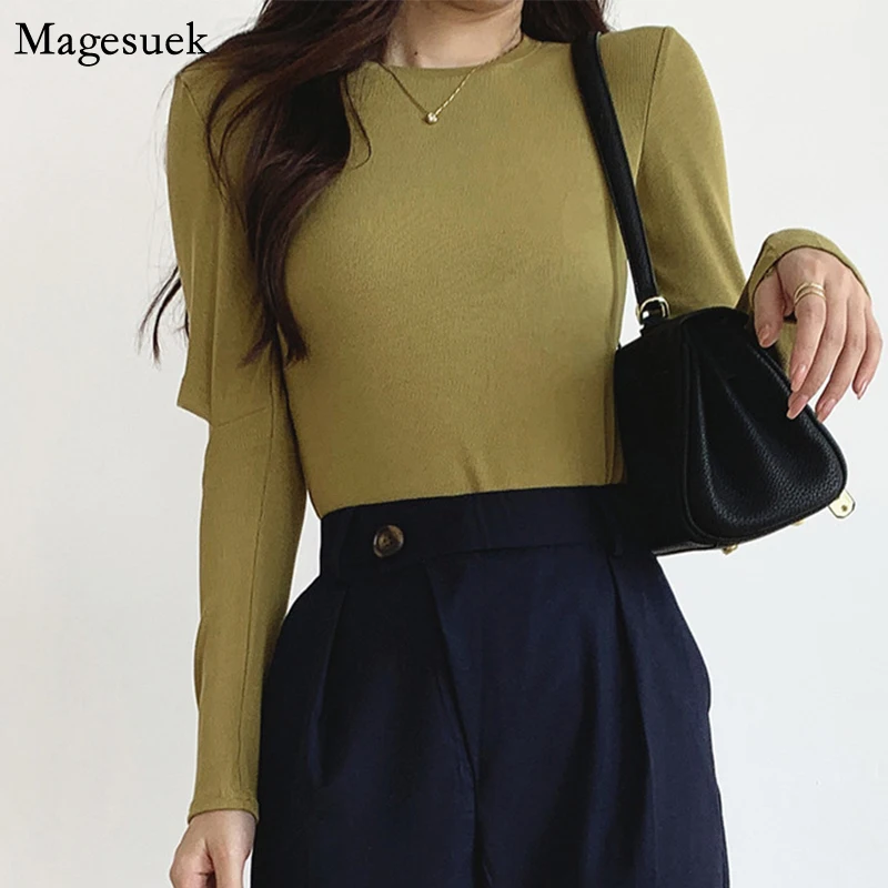 

2021 Осенняя хлопковая блузка с длинным рукавом, Женские однотонные пуловеры с круглым вырезом, женские блузки, повседневная трикотажная руб...