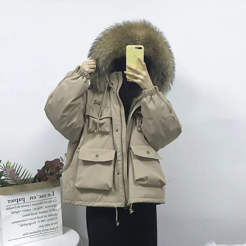 

2021 Winter Fashion Women Short Loose Oversize Down Coats Fox Fur Coat Collar Office Lady Causal Warm Down Jackets ZYF0022