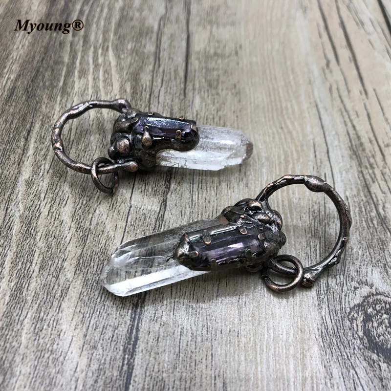 Ожерелье с паяными камнями Кристаллами Кварца стержнями подвески аметисты