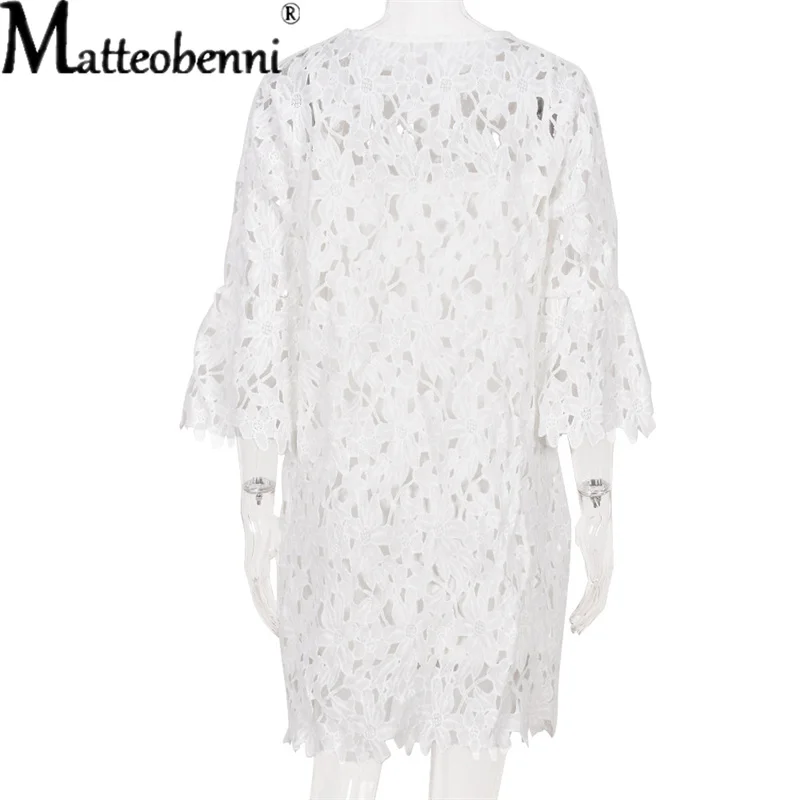 

2021 New Lace Flared Sleeve Ruffled Dress Two-Piece Women Spring And Summer Hollow Out Solid O-Neck Elegant Casual Party Dress