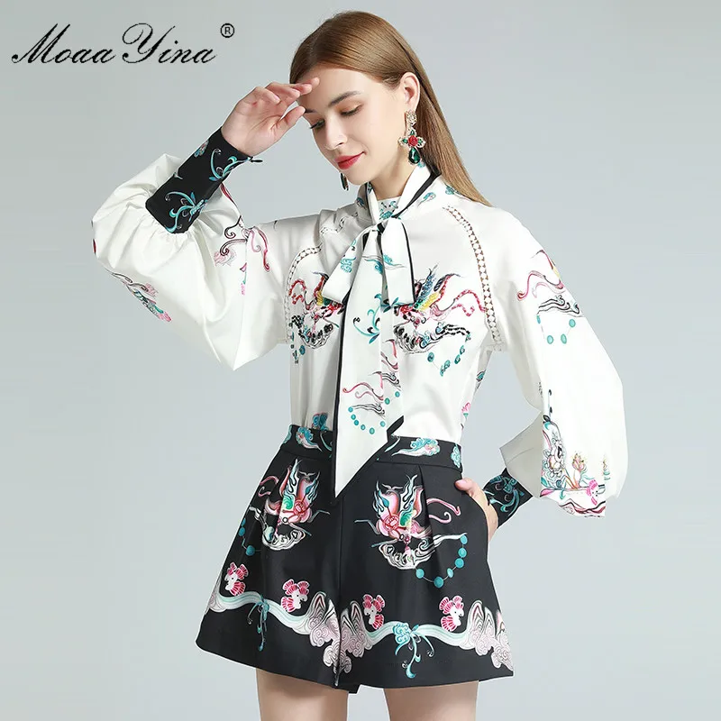 

MoaaYina Fashion Designer Set Spring Women's Lantern Sleeve Beaded Blouses Tops+Shorts Indie Folk Totem Print Two-piece set