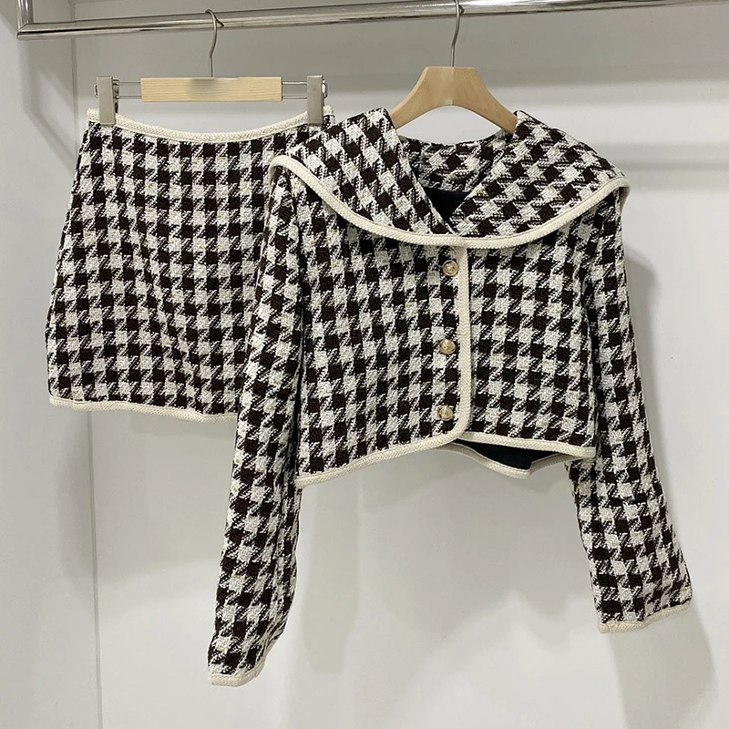 Sungtin Vintage Houndstooth Two Piece Set Women Tweed Mini Bodycon Skirt Suits Lady Elegant Cropped Jacket Plaid Korean Chic |