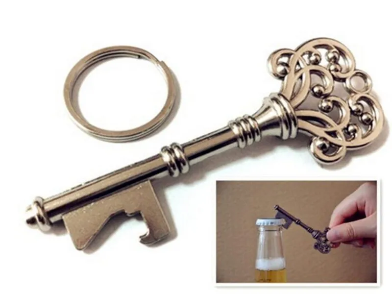 

100pcs/lot Classic Creative Wedding Favors Party Gifts Antique Bronze Skeleton Key Beer Bottle Opener with Ring