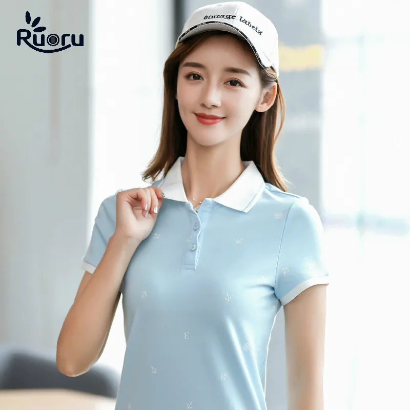 Женская рубашка поло Ruoru Однотонная с коротким рукавом Повседневная