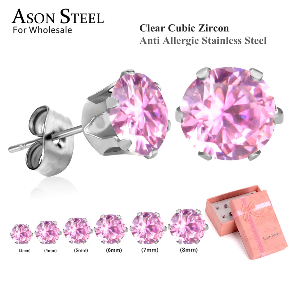 ASON, стальные серьги-гвоздики для женщин, розовый цвет, Круглый AAA кристалл, 6 пар/кор., набор сережек, нержавеющая сталь, Mujer Bijoux, подарок для любви