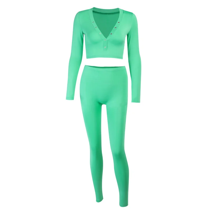 

WannaThis Two Piece Set Women Long Sleeve V-neck Crop Top High Waist Women's Pants Trousers Letter Embroidery Casual Sexy Set