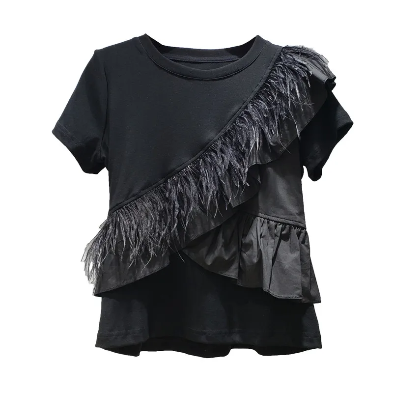 

Summer New Ruffled Feather T-shirt Women's Short Sleeve Pullover Top Slimming All-Match Tees White Black