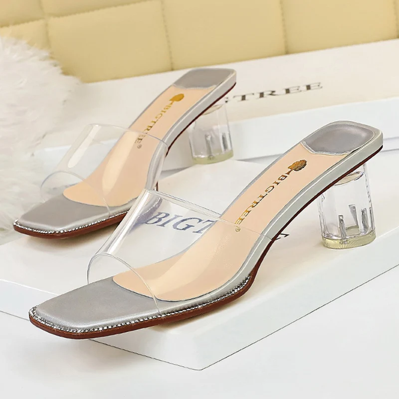 

2021 Summer Fashion Women 5cm Clear High Heels Slippers Mules New Designer Open Toe Crystal Block Heels Slides Mujer Party Shoes