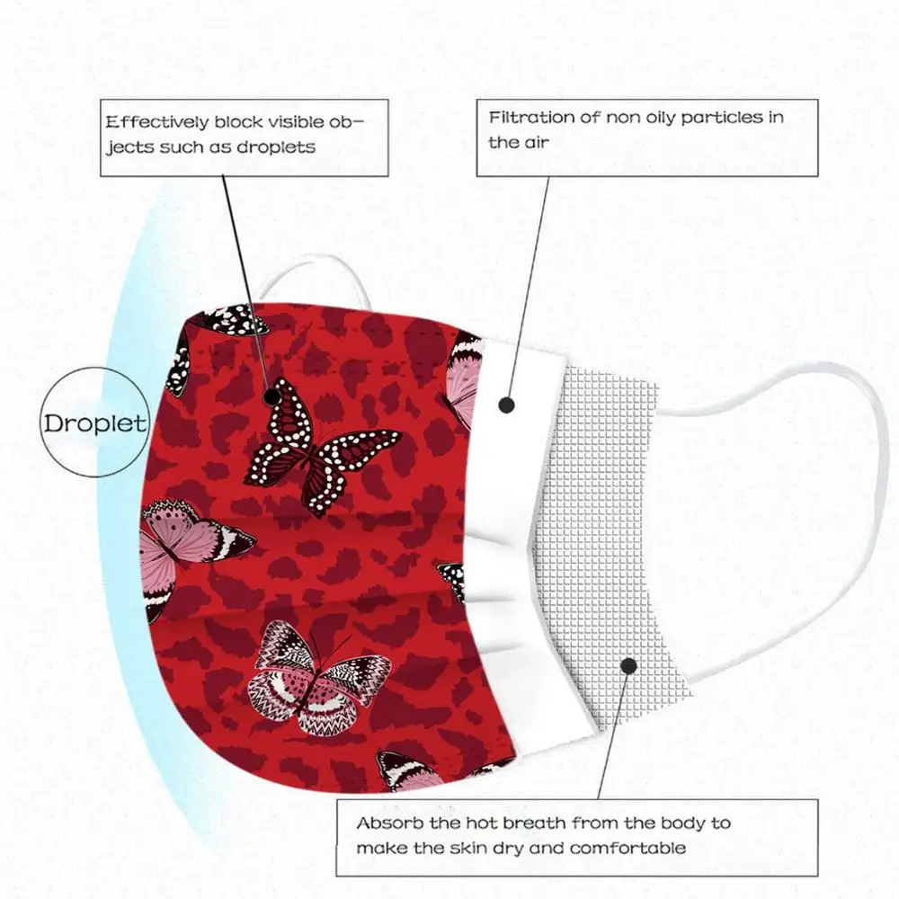 

50pc Adult Butterfly Print Soft Masks Three-Layer Disposable Face Mask Mascarilas Fashion Breathable Outdoor Mouth Mask Masque