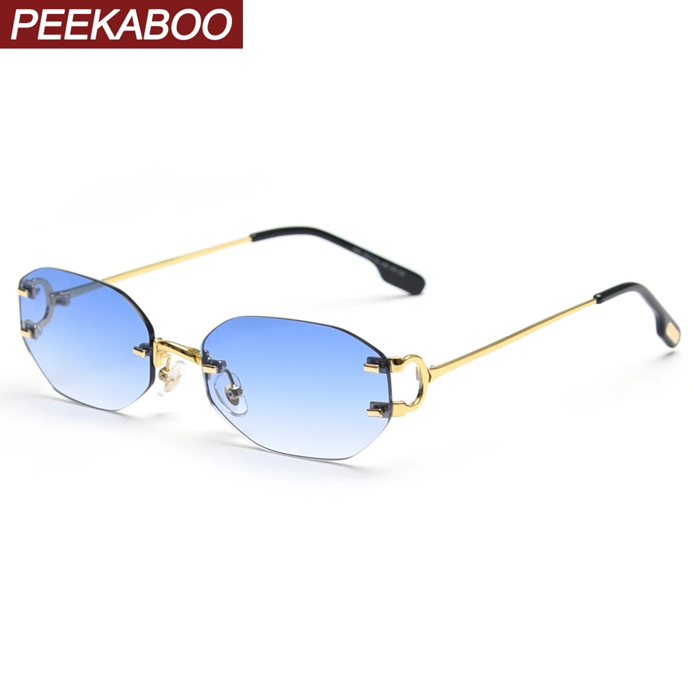 

Peekaboo frameless retro sunglasses rimless square women oval metal eyeglasses for men polygon gold blue brown 2022 uv400