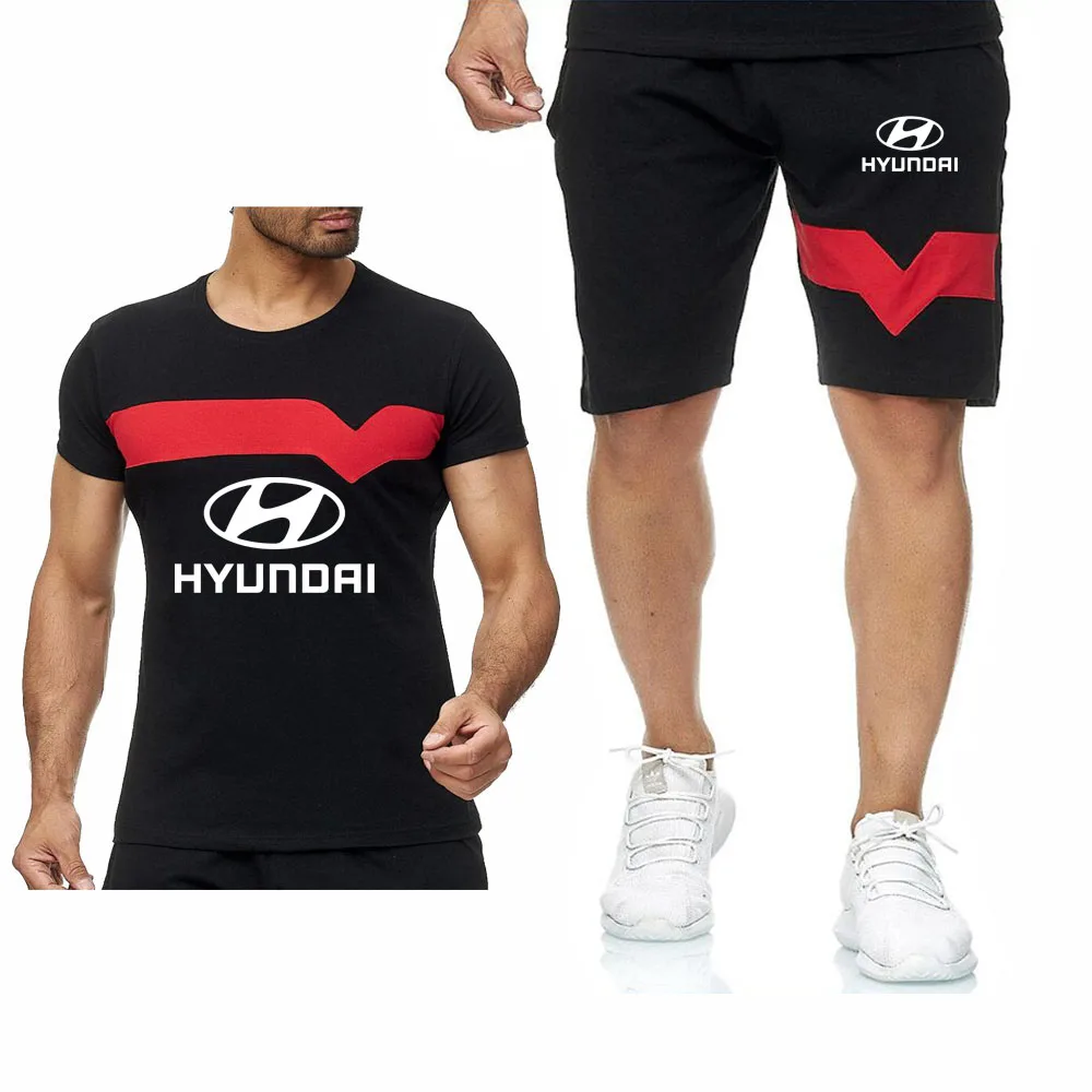 

Men's Suit for Hyundai Car Logo Summer Mens Short Sleeve Fashion casual male Splice Crew neck Cotton T-Shirt Pants Suit 2Pcs
