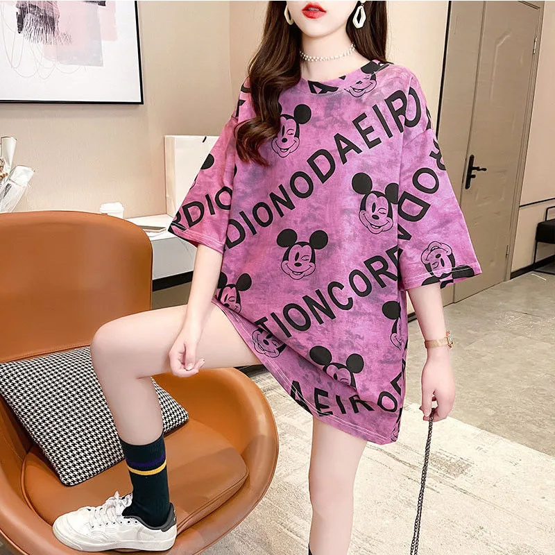 

Mickey Mouse T-Shirt Midi Dresses Short Sleeve Casual Women Summer Kawaii Beach Dress Cartoon Loose Vestidos Robe Femme Korean