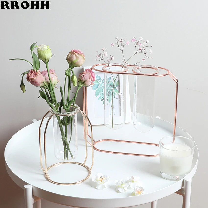 Прозрачная стеклянная железная ваза в скандинавском стиле розовое золото